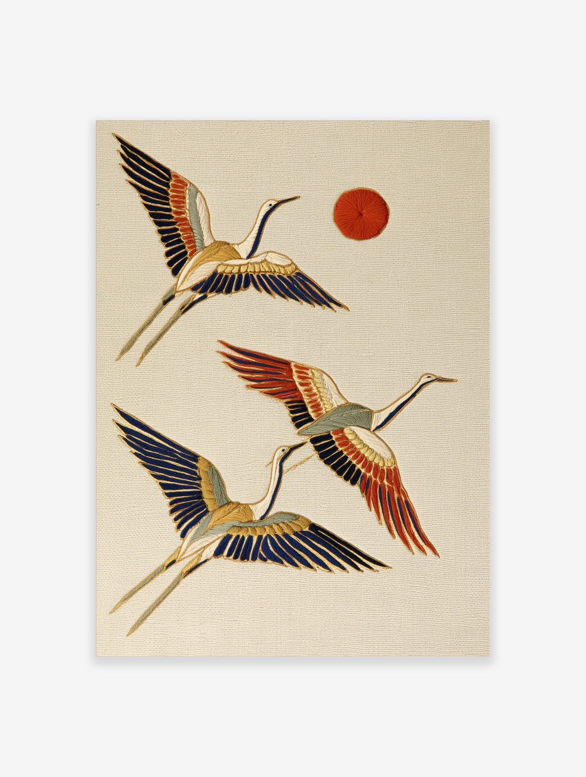 Japanese-style flying cranes wall art with red sun, blue, orange, and gold details on a cream background