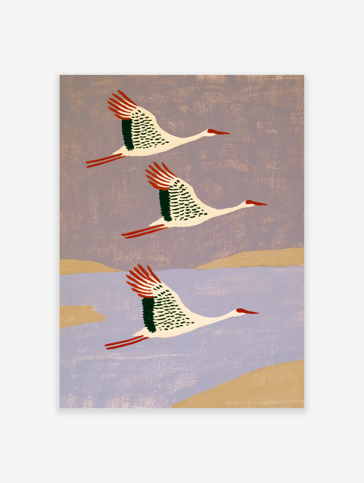Japanese-inspired flying cranes art print with white, red, and green birds against a lavender background