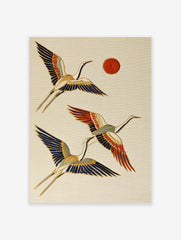 Japanese-style flying cranes wall art with red sun, blue, orange, and gold details on a cream background