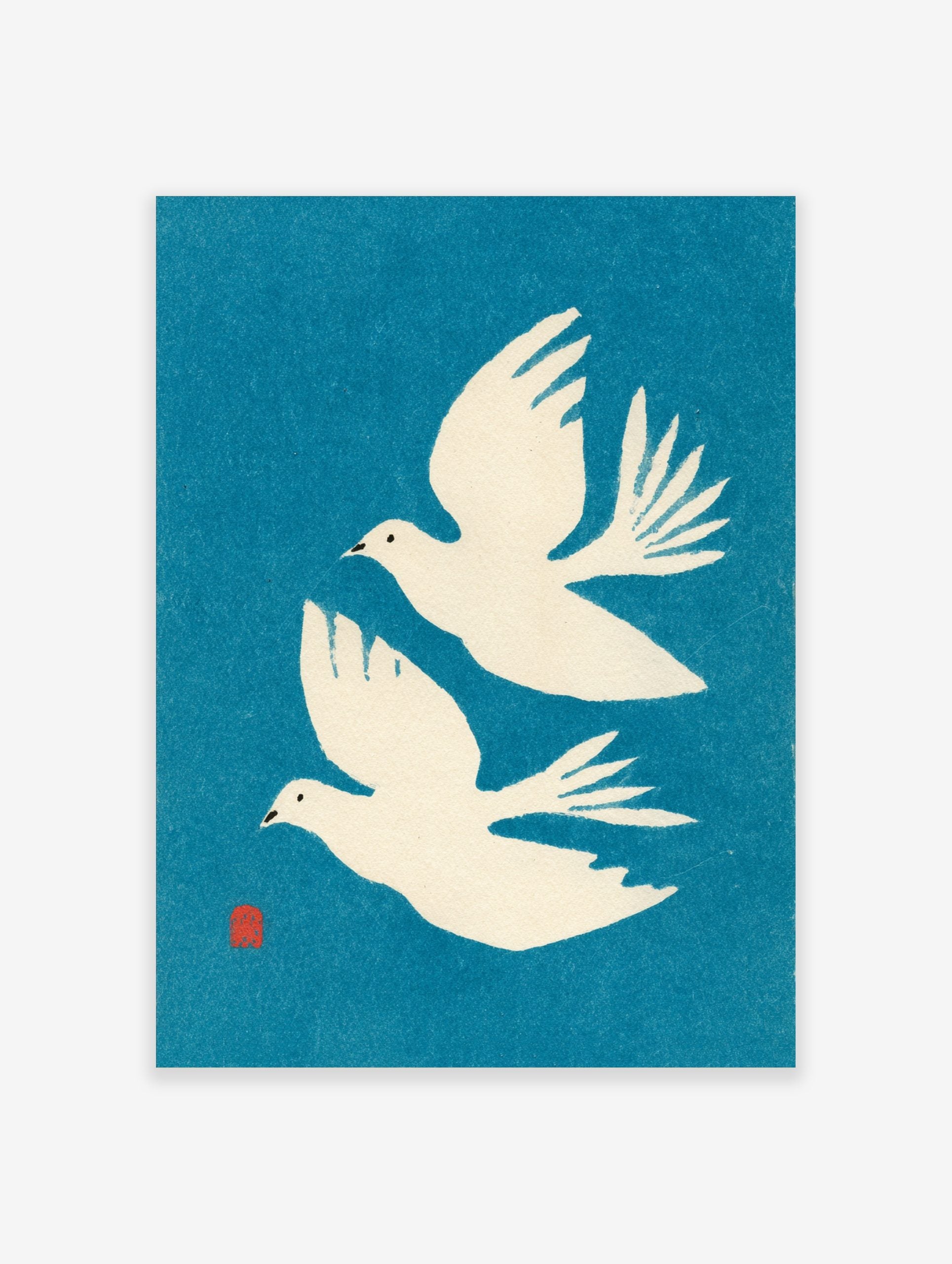 Two white flying doves minimalist art print on a vibrant blue background with a red artist's seal