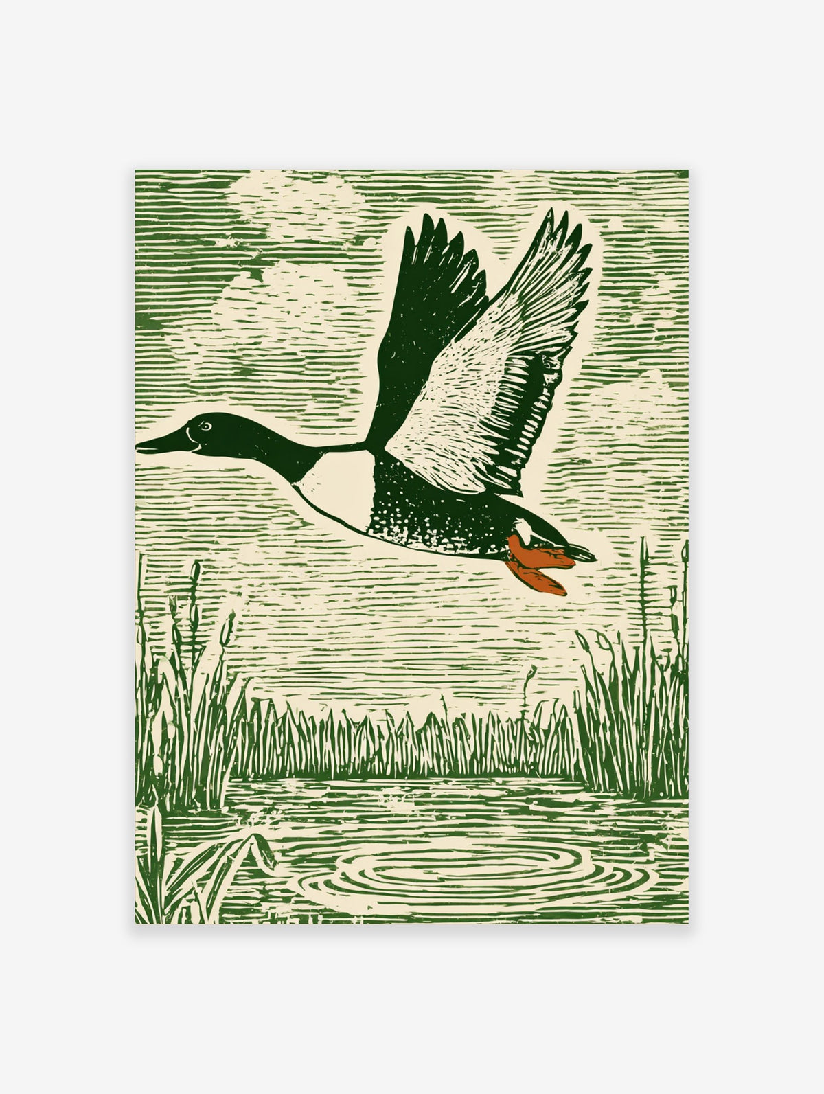 Green woodcut-style print of a flying duck with spread wings over water and reeds