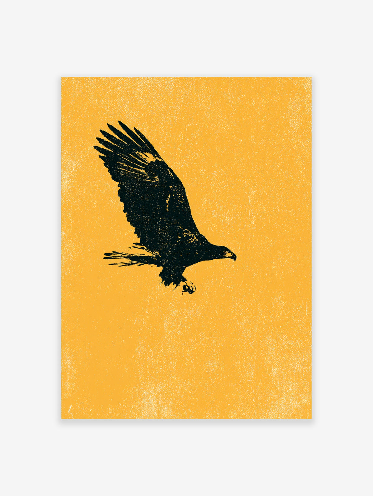 Black flying eagle silhouette on textured yellow background, bird of prey poster