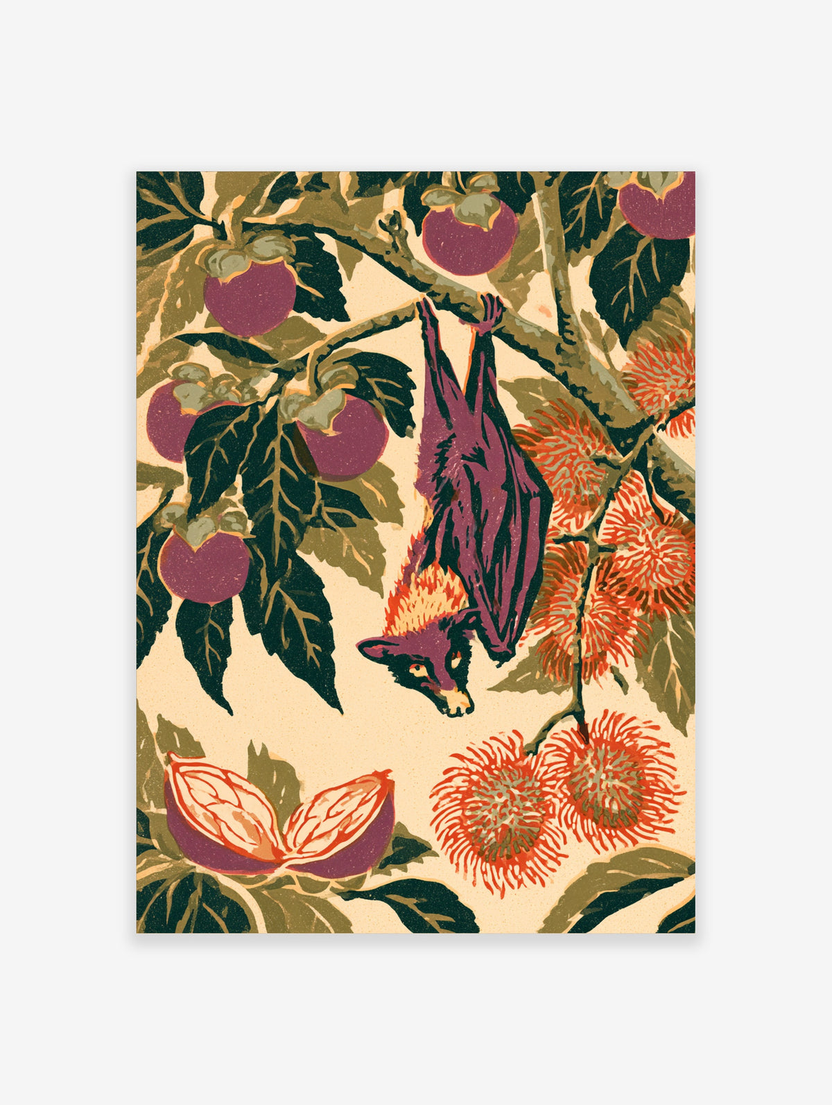 Flying fox hanging from branch with purple persimmons and orange blooms art print