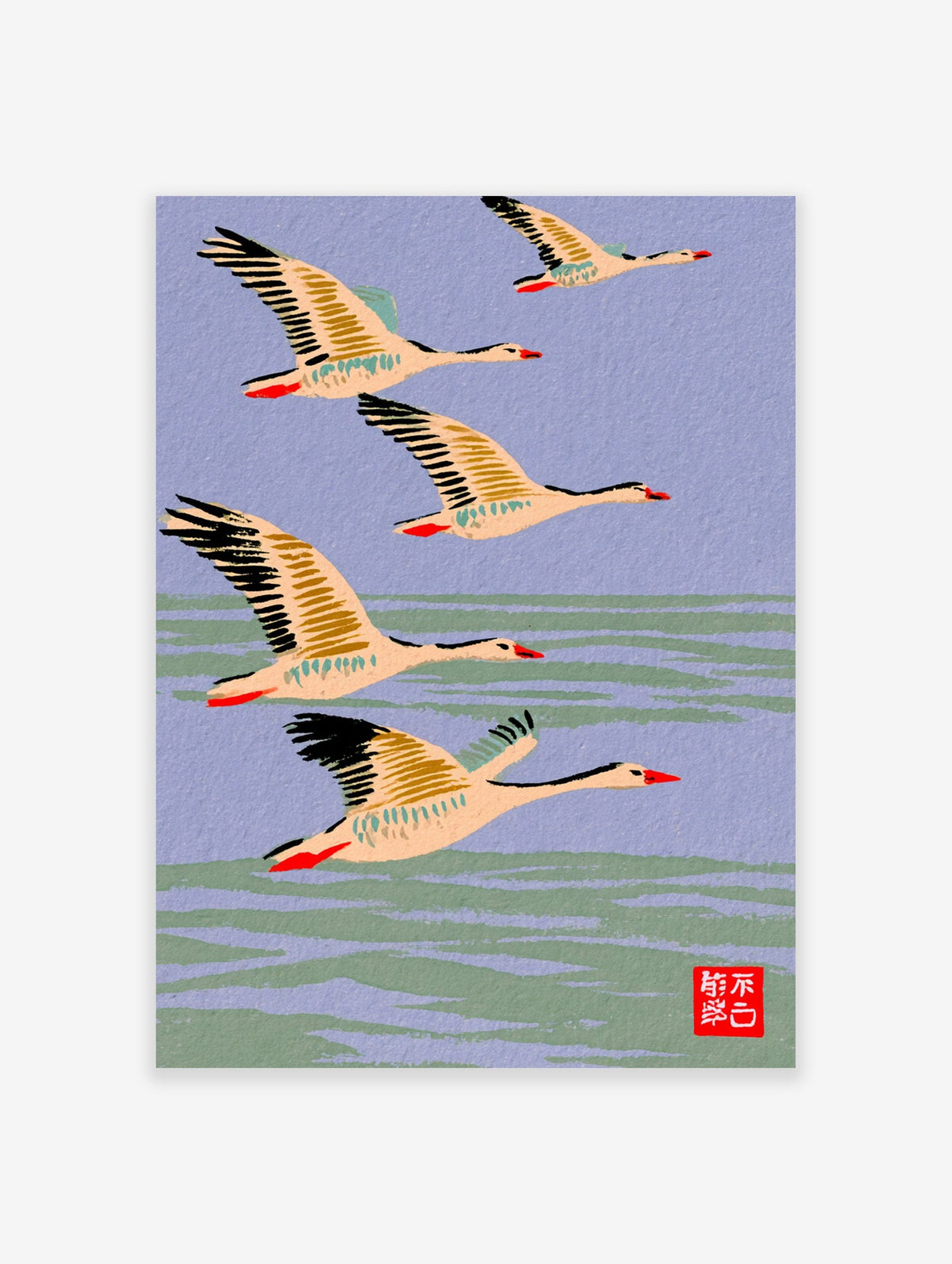 Japanese style art print of four flying geese over rippling water with a red seal on a soft blue background