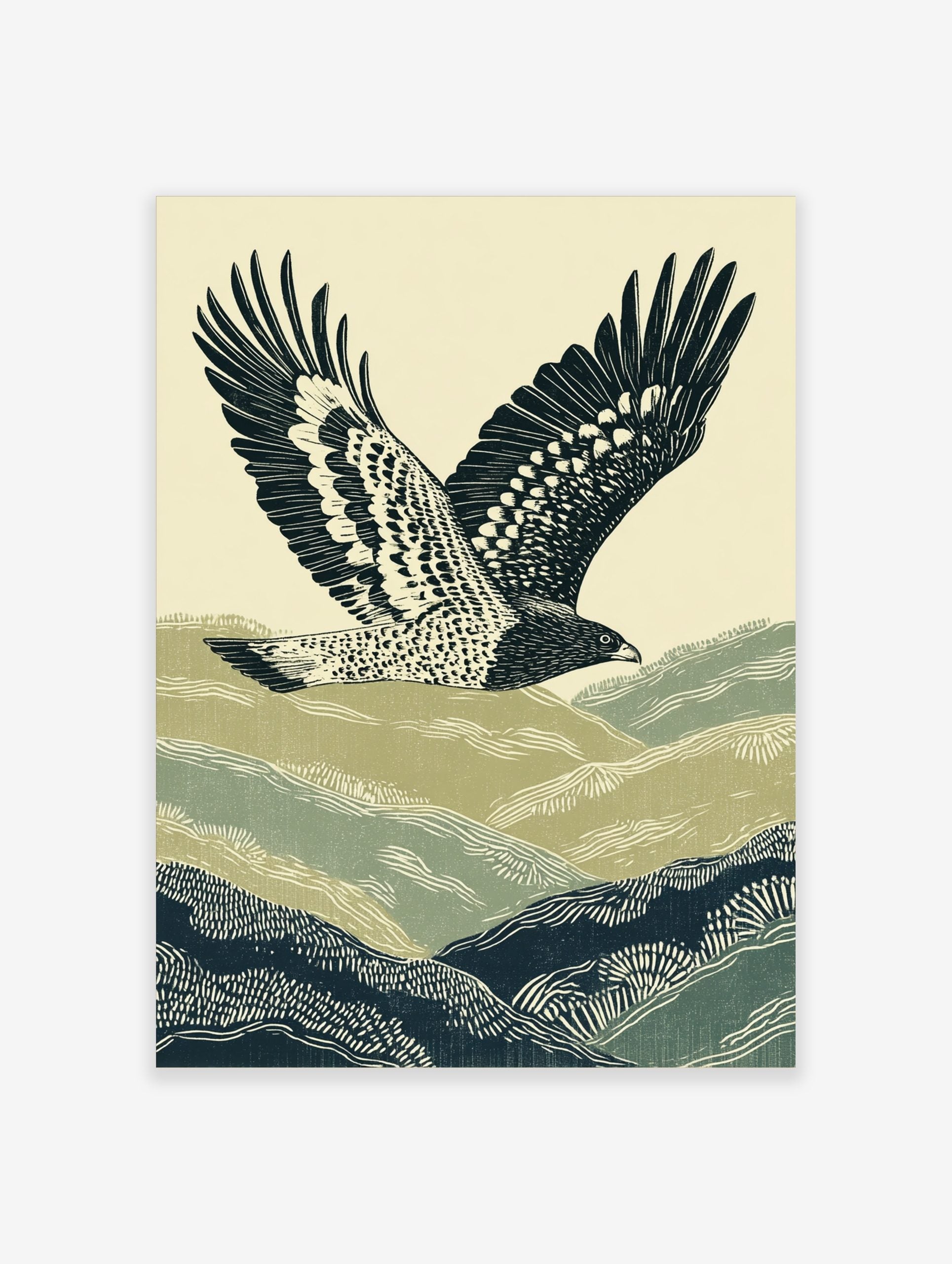 Illustrative print of a hawk flying over green and navy rolling hills against a pale sky
