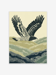 Illustrative print of a hawk flying over green and navy rolling hills against a pale sky