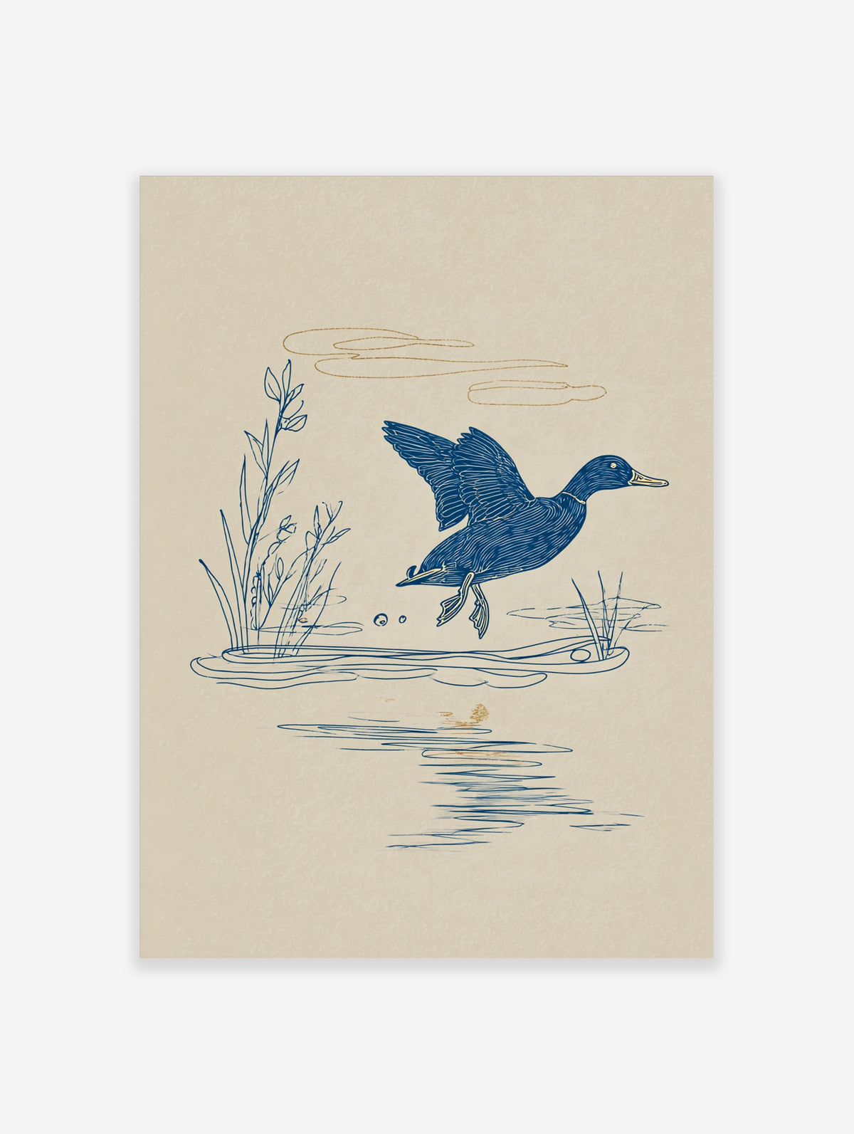 Blue line art mallard duck flying over water with reeds and clouds on beige background