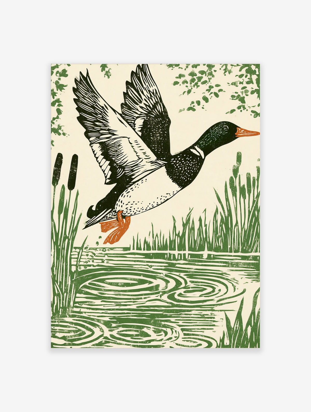 Linocut style print of a mallard duck in flight over water with reeds and foliage