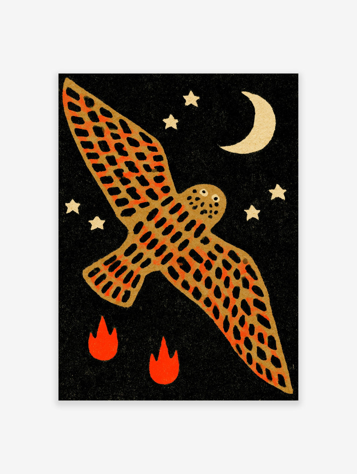 Stylized flying owl illustration with grid-patterned wings, a crescent moon, stars, and flames on a black background