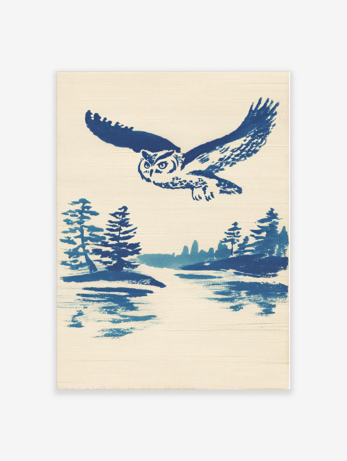 Blue flying owl poster with woodland lake and pine trees on cream background