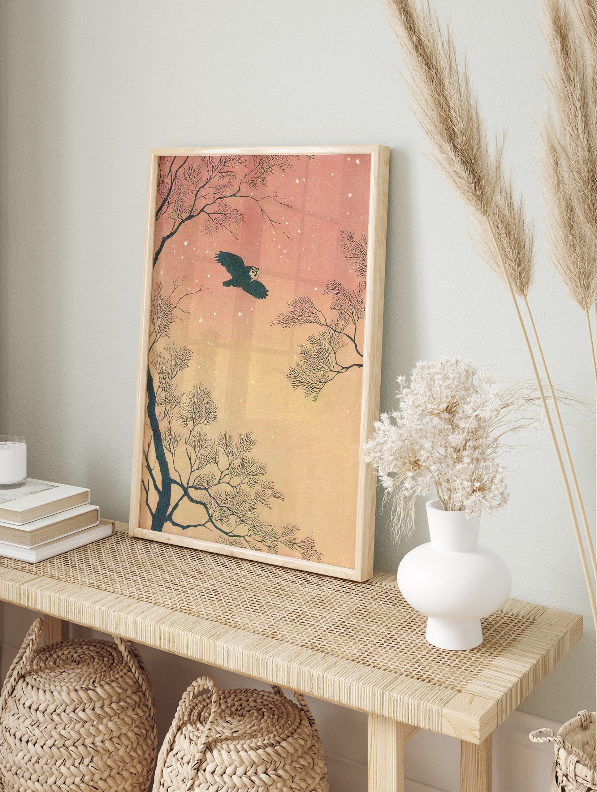 Illustrative flying owl wall art against a pink and orange starry night sky with dark, bare tree branches. - Image 3