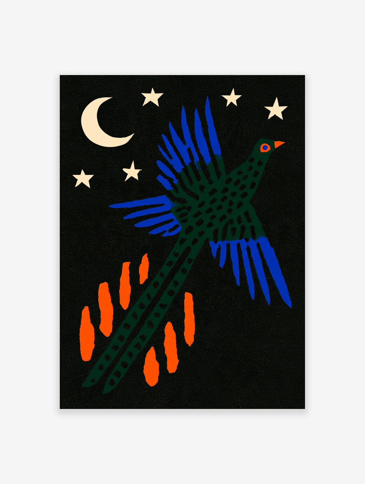 Stylised pheasant bird flying under a moon and stars on a black background, folk-inspired blue and orange art print