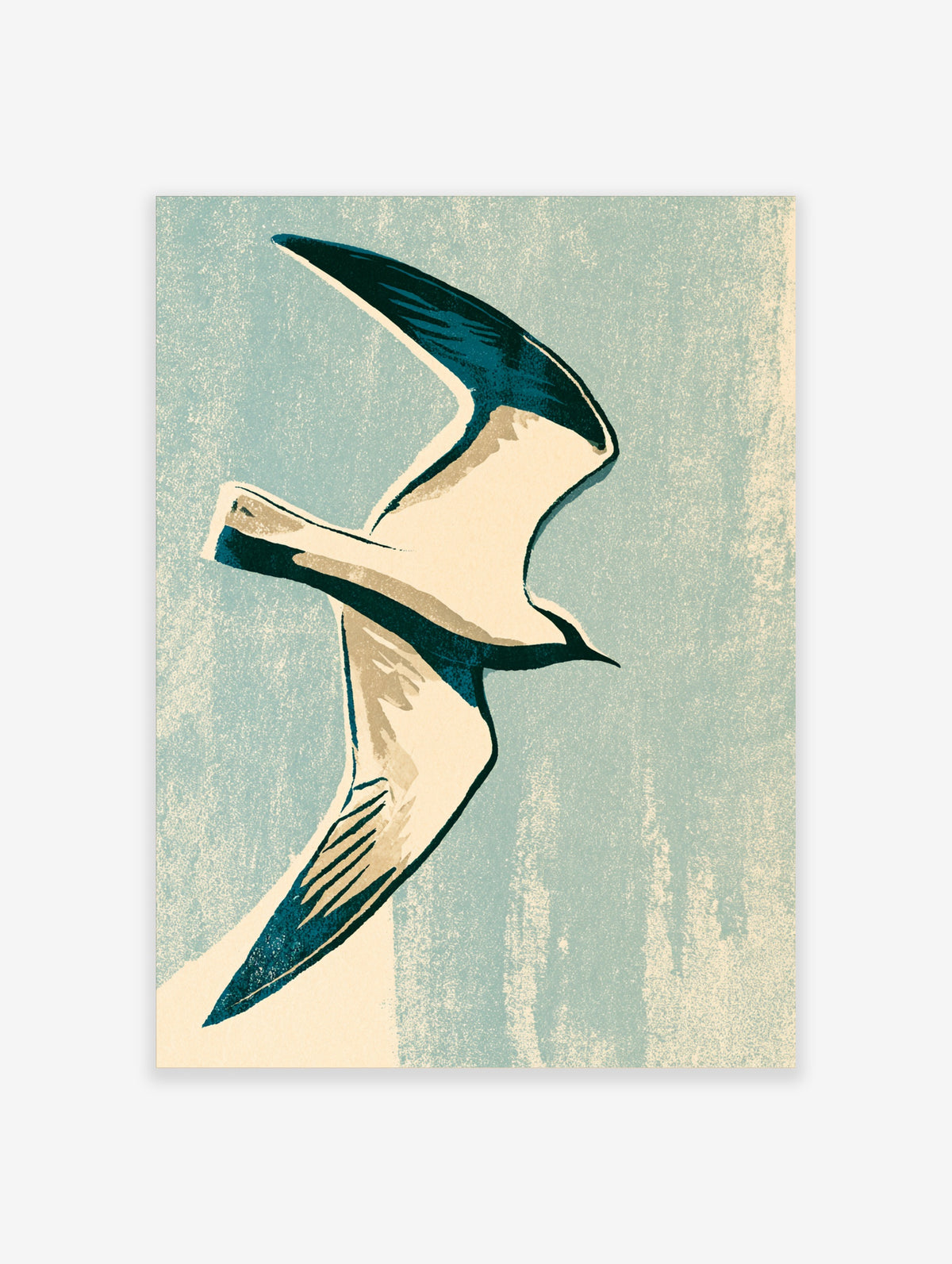 Flying seagull art print with dark teal wing tips and cream body on a pale blue textured background