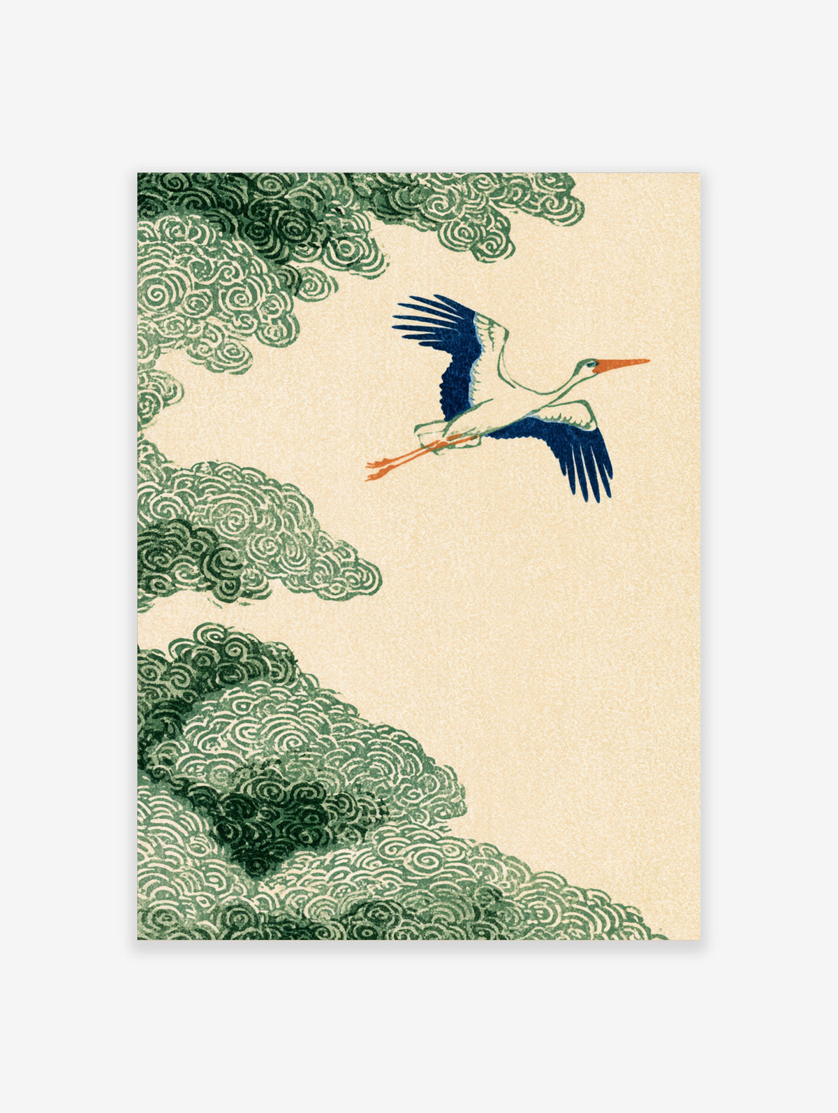 Flying stork poster with blue wings and green swirling clouds on cream background