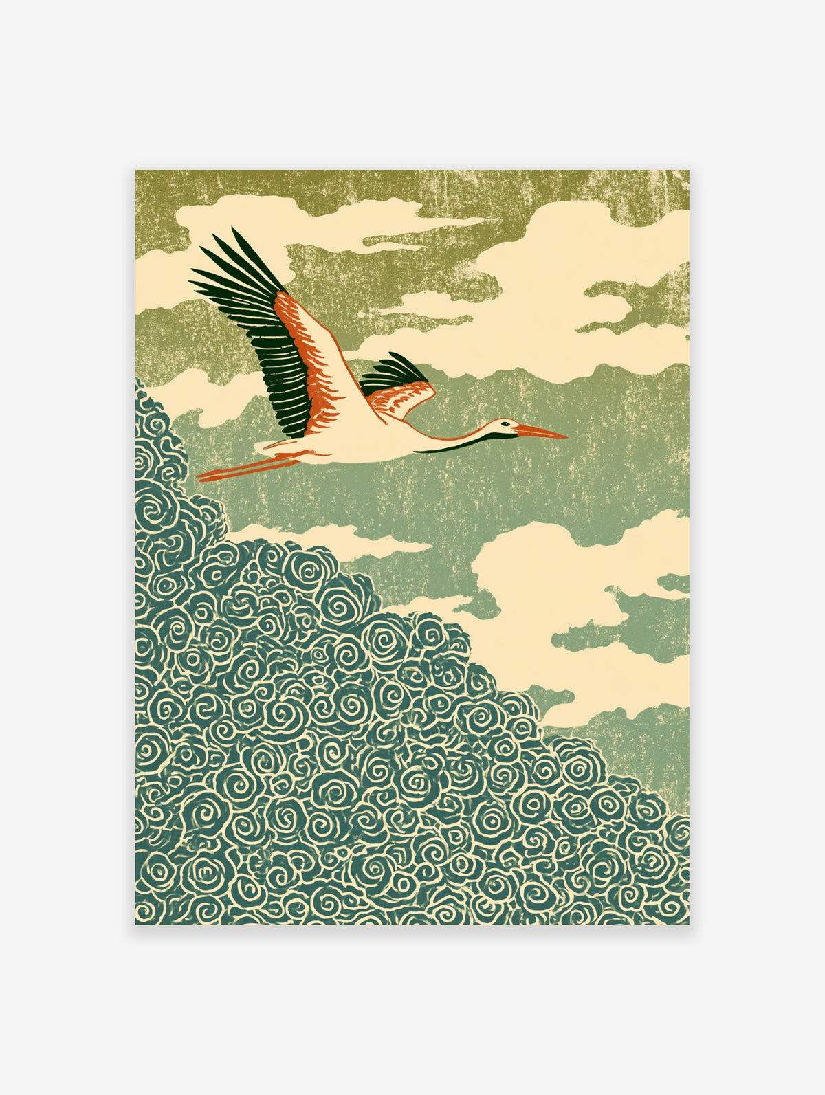 Flying stork poster with green swirl clouds and cream sky in Japanese woodblock style