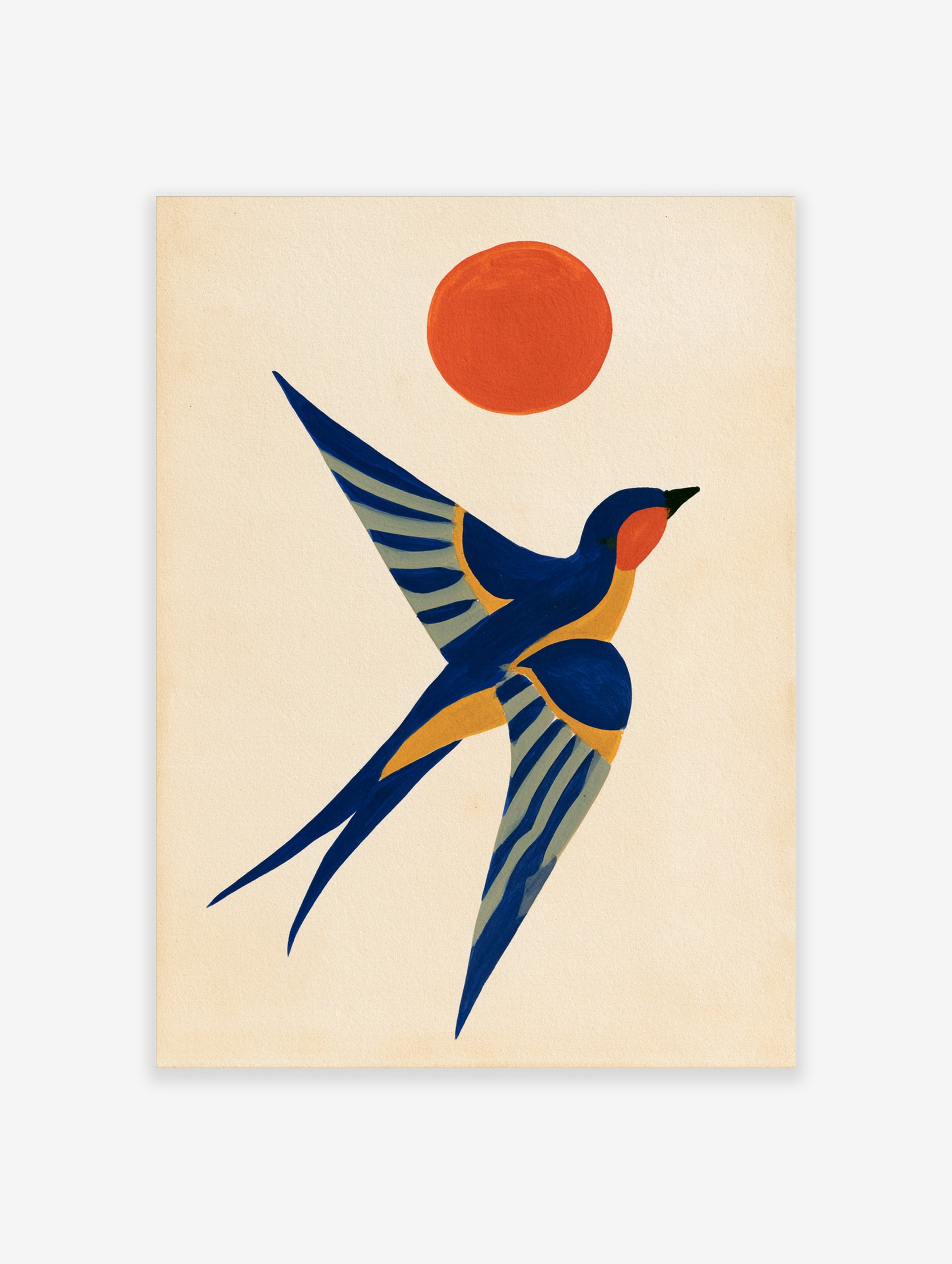Stylised swallow bird in flight with an orange sun in a graphic, illustrative art style on a cream background