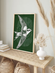 White illustrative swallow bird in flight on a dark green background with radiating lines, in an alternate framed mockup