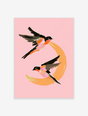 Painterly illustration of two swallows flying around an orange crescent moon on a pink background