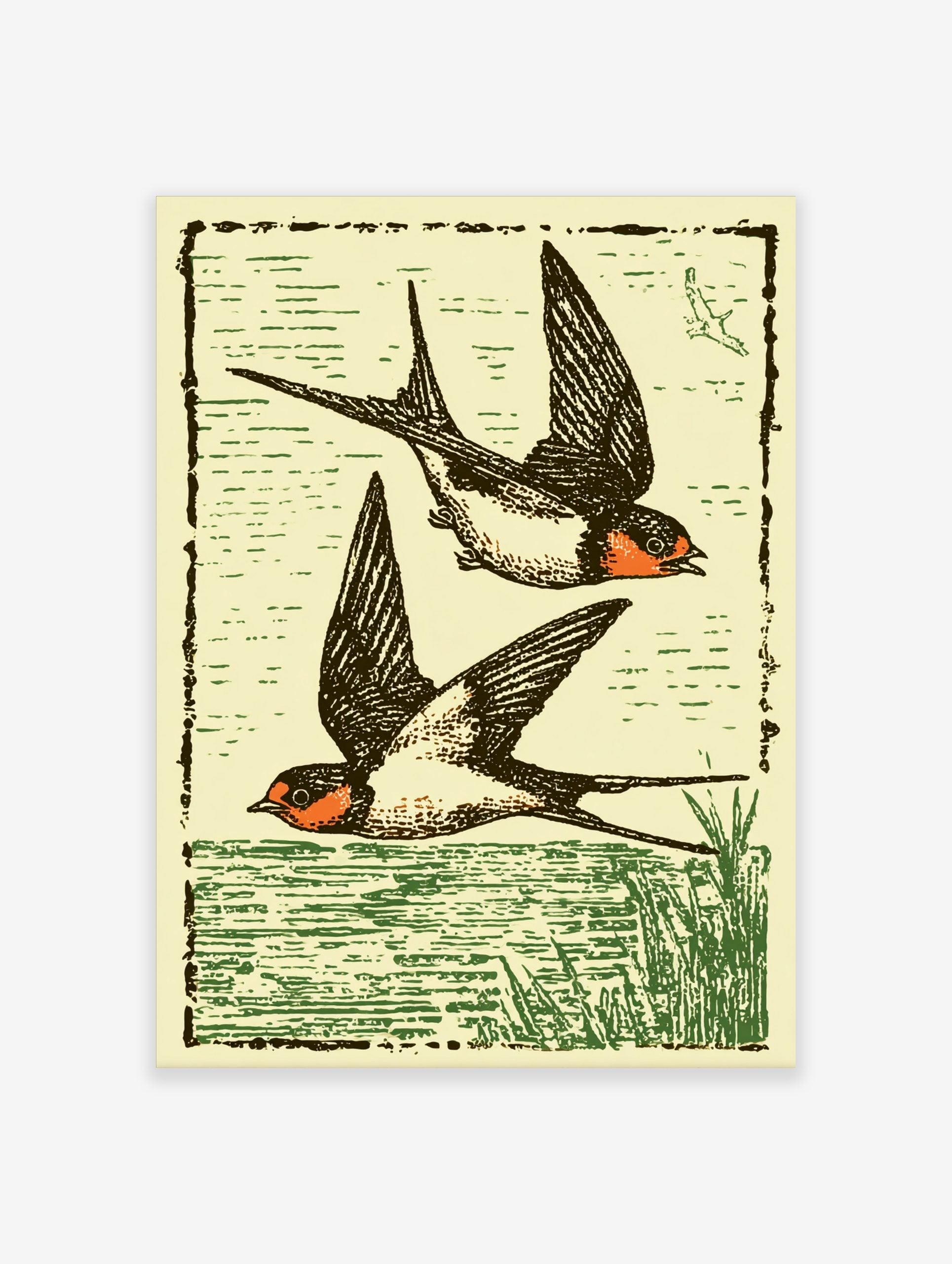 Illustrative print of two black and orange swallows flying over green water, with a woodcut style
