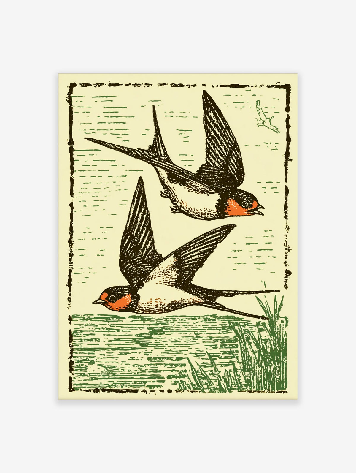 Illustrative print of two black and orange swallows flying over green water, with a woodcut style
