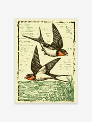 Illustrative print of two black and orange swallows flying over green water, with a woodcut style