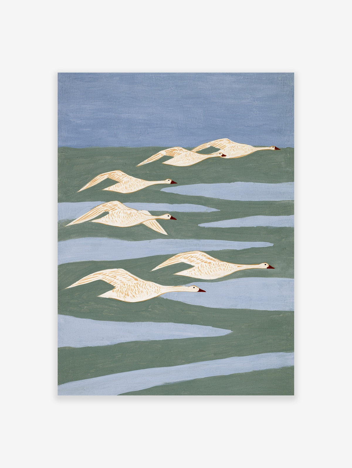 Minimalist art print of white swans flying in a rhythmic formation over abstract blue and green bands
