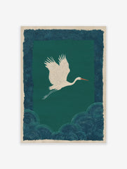 White crane flying over dark teal-green background with patterned blue-teal border and lower section