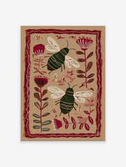 Folk art bee and botanical illustration wall art print with red flowers, green leaves, and two bees on a tan background.
