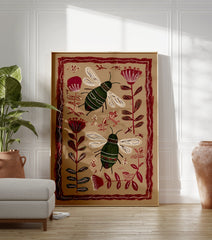 Folk art bee and botanical illustration wall art print with red flowers, green leaves, and two bees on a tan background. - Image 3