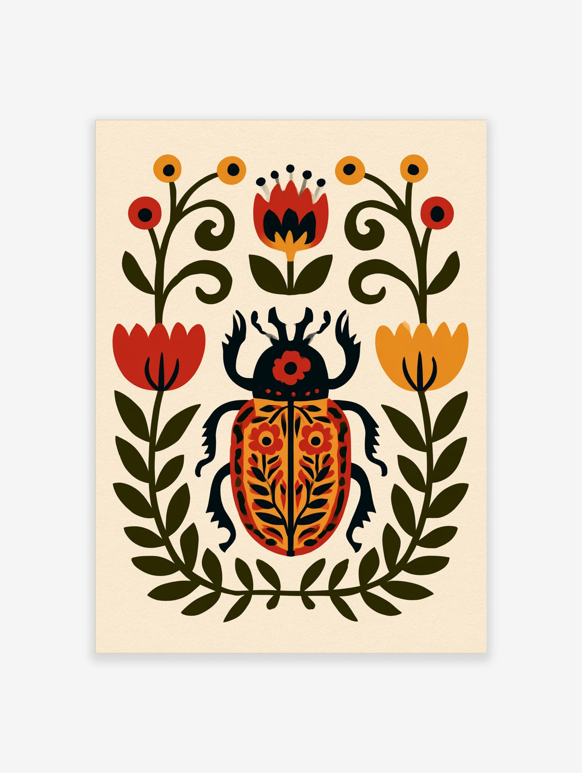 Folk art beetle and tulip poster with symmetrical red and orange flowers on cream background