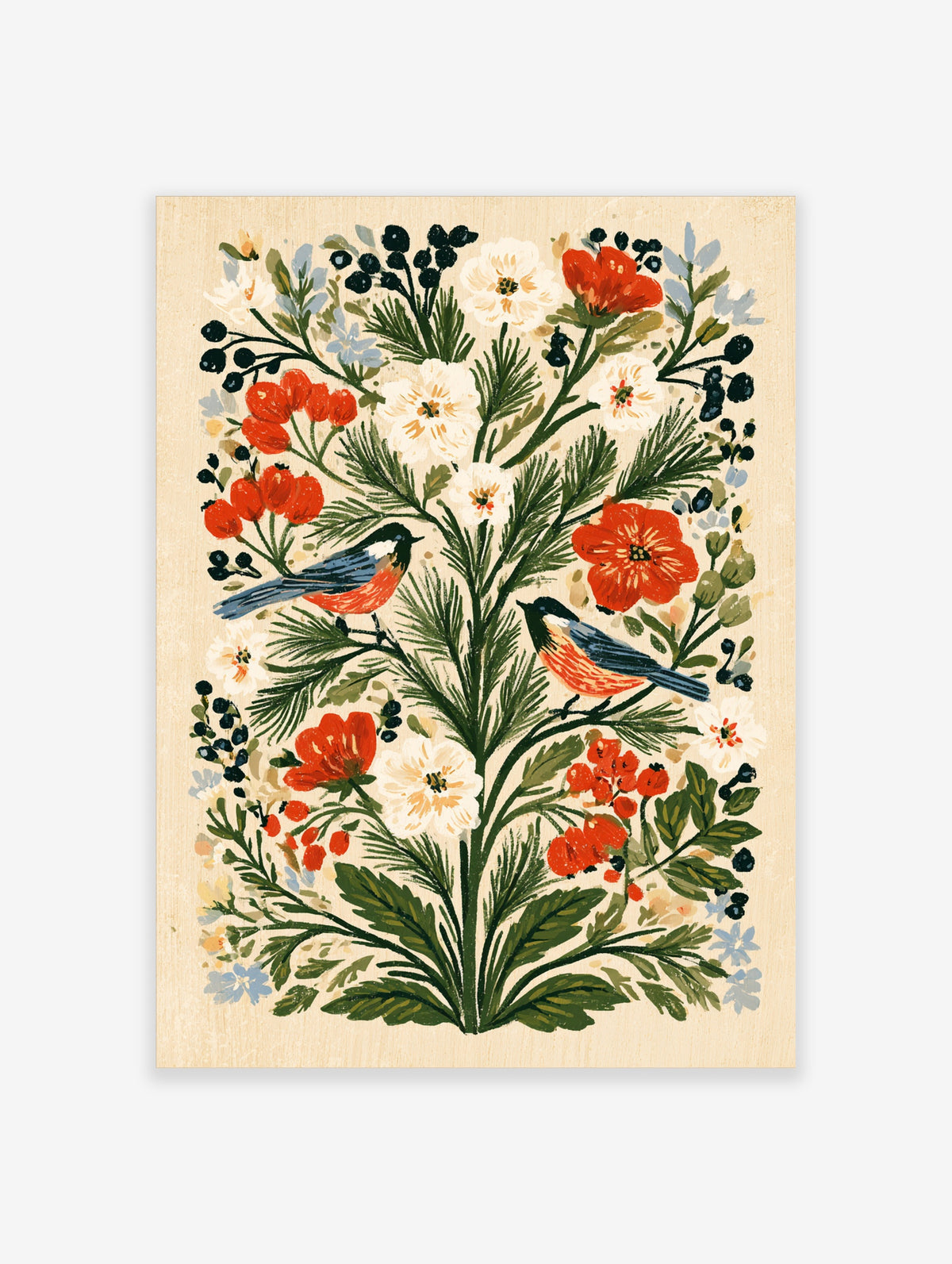 Folk art poster of two robins on a pine stem with red and cream flowers and dark berries on cream background
