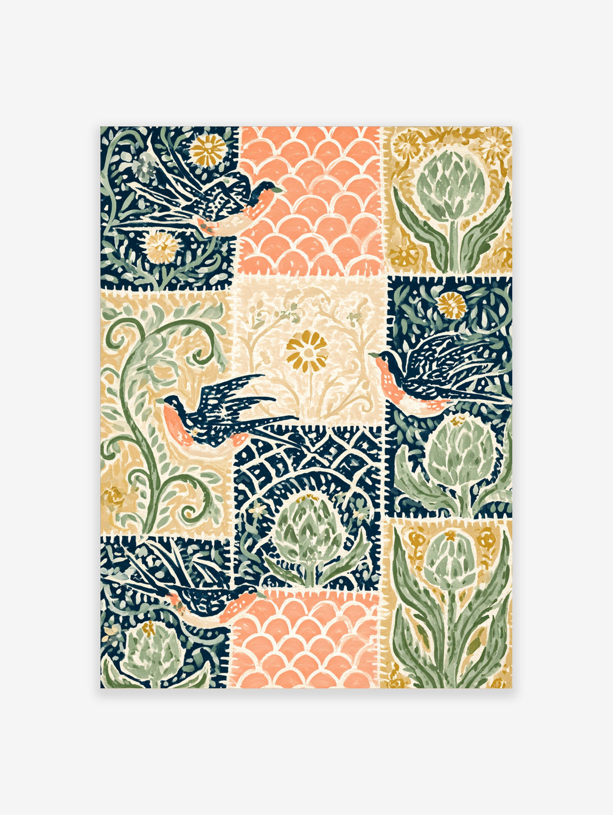 Folk art poster with stylised birds, thistles, and scalloped patterns in navy, coral, and sage