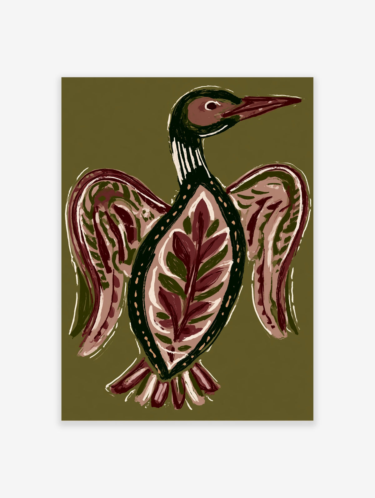 Folk art bird print with leaf motif on chest, green and maroon on olive background