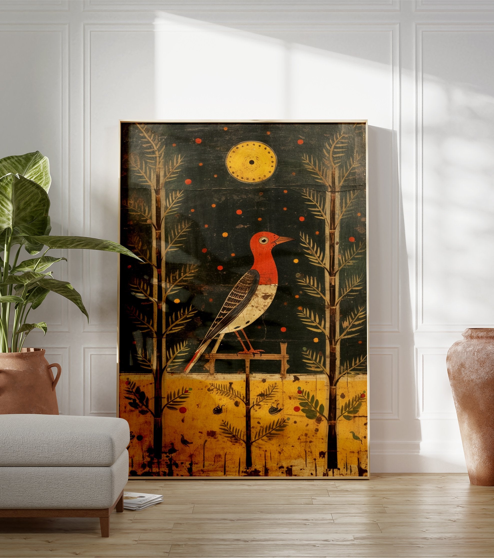 Folk art bird poster featuring a red-headed bird on a perch, flanked by trees under a yellow sun and starry sky. - Image 3