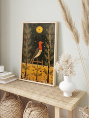 Folk art bird poster featuring a red-headed bird on a perch, flanked by trees under a yellow sun and starry sky. - Image 4