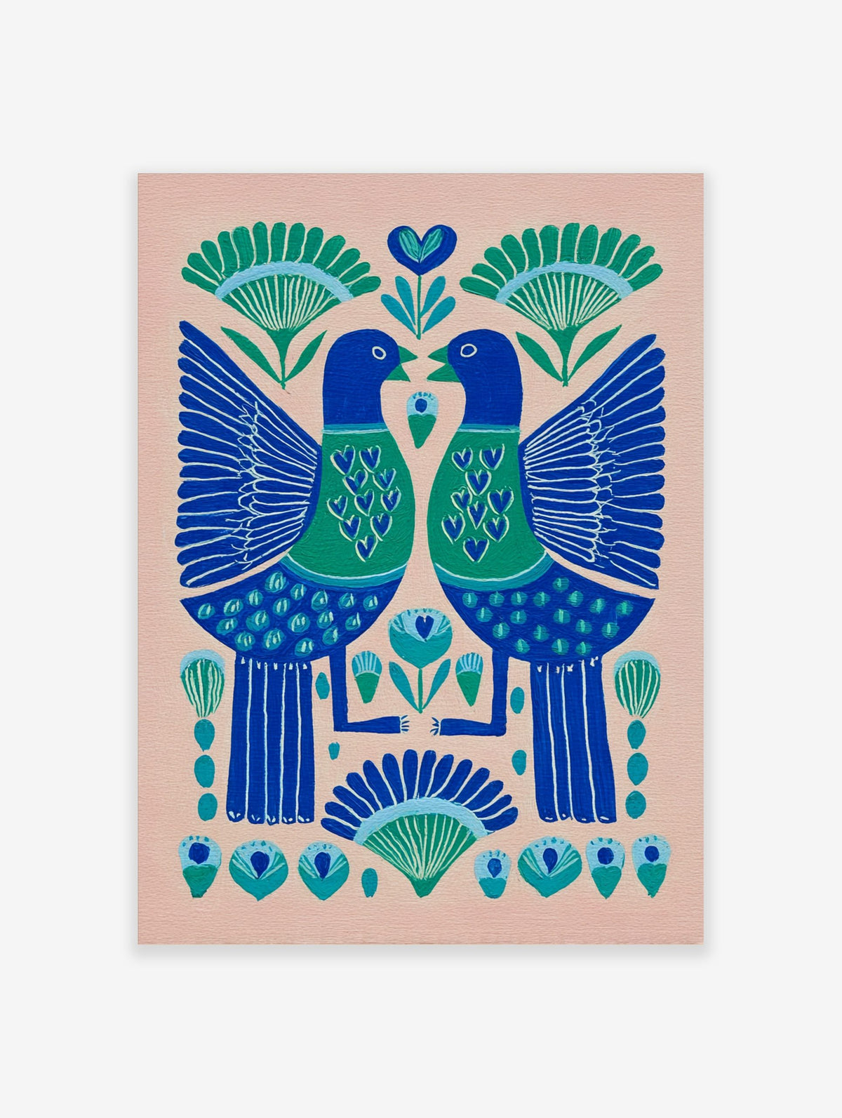 Symmetrical folk art print of two blue and green birds with heart chests and botanical motifs on a pink background