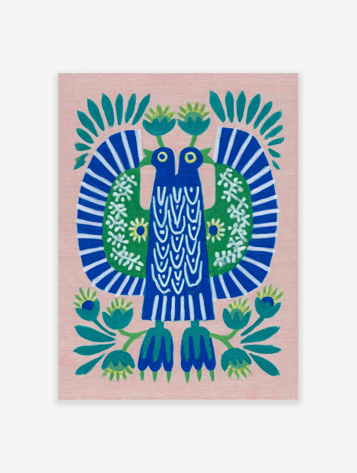 Stylised folk art print of two blue birds with green wings and white patterns, on a pink background