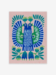 Stylised folk art print of two blue birds with green wings and white patterns, on a pink background