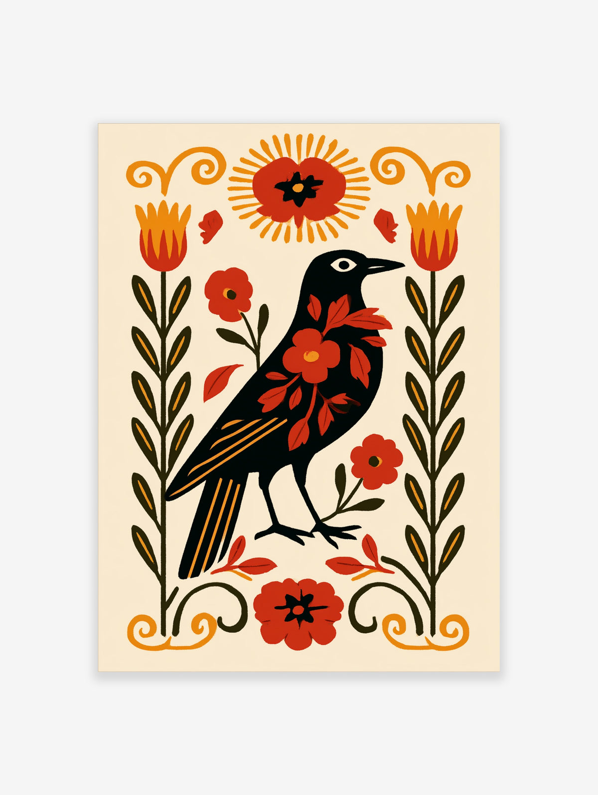 Folk art black bird poster with red flowers, gold tulips, and symmetrical botanical borders on cream