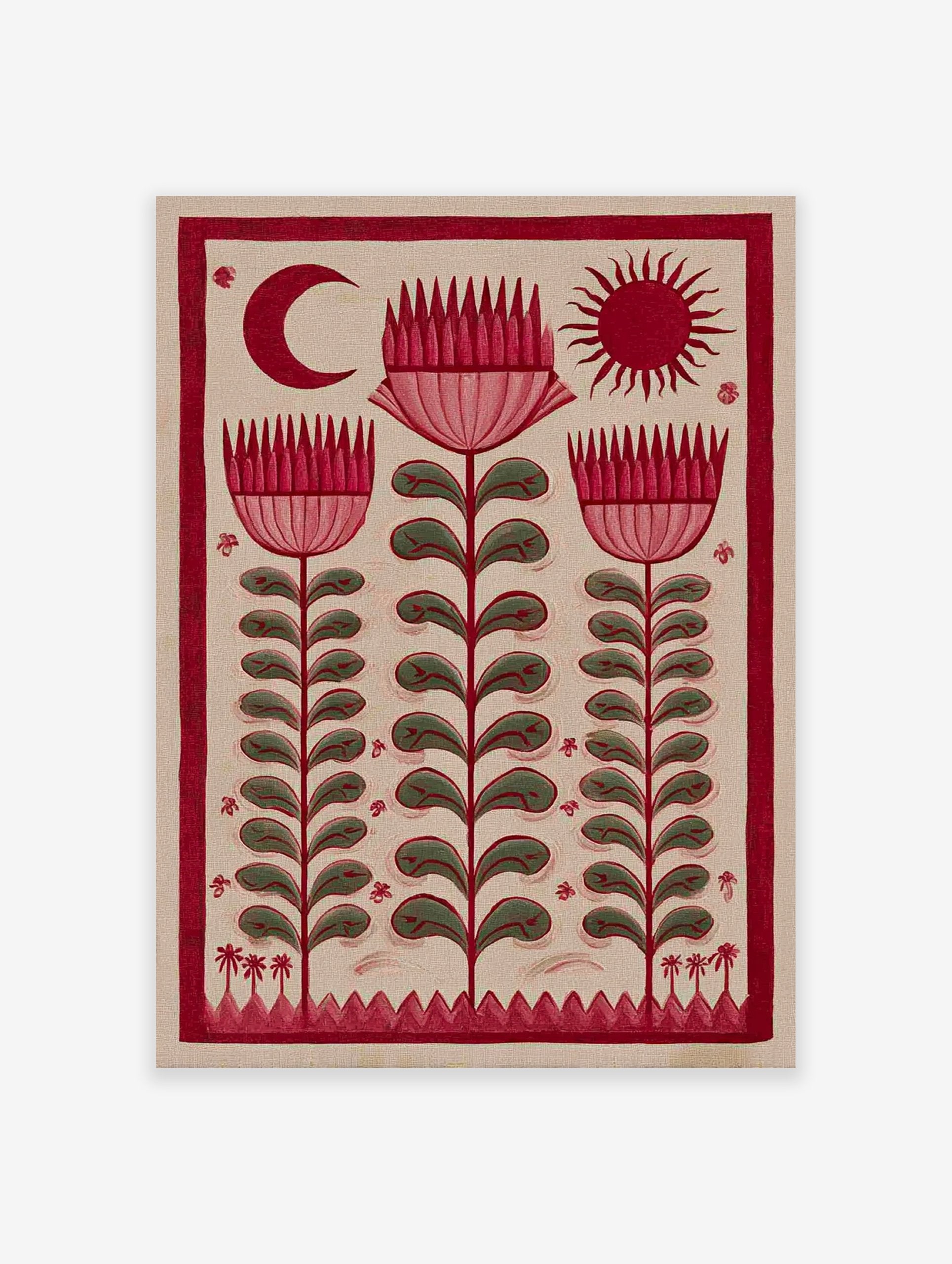 Red folk art botanical print featuring stylized flowers, a crescent moon, and a sun on a light background.