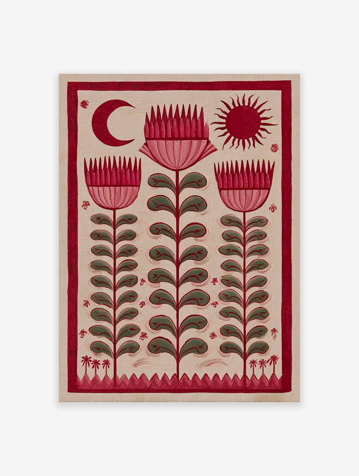 Red folk art botanical print featuring stylized flowers, a crescent moon, and a sun on a light background.