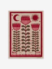 Red folk art botanical print featuring stylized flowers, a crescent moon, and a sun on a light background.