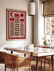Red folk art botanical print featuring stylized flowers, a crescent moon, and a sun on a light background. - Image 2