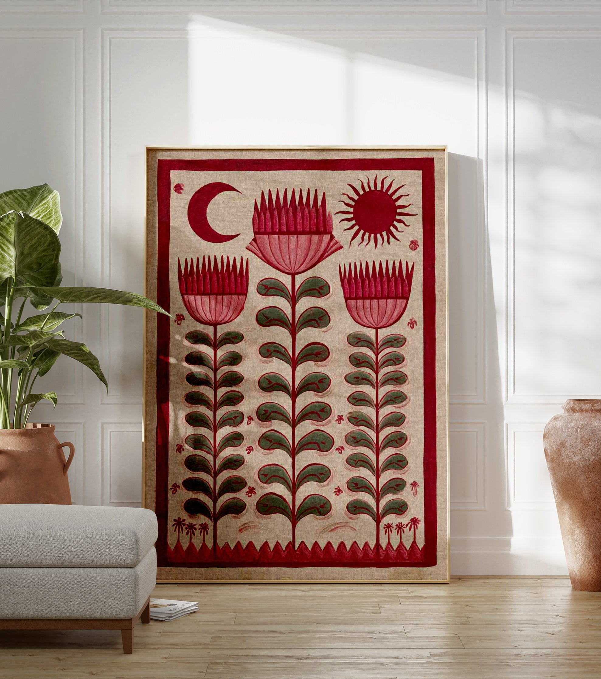 Red folk art botanical print featuring stylized flowers, a crescent moon, and a sun on a light background. - Image 3