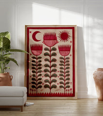 Red folk art botanical print featuring stylized flowers, a crescent moon, and a sun on a light background. - Image 3