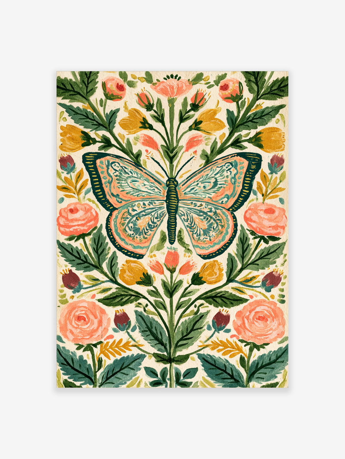 Folk art butterfly poster with pink roses, yellow buds, and green leaves on cream background