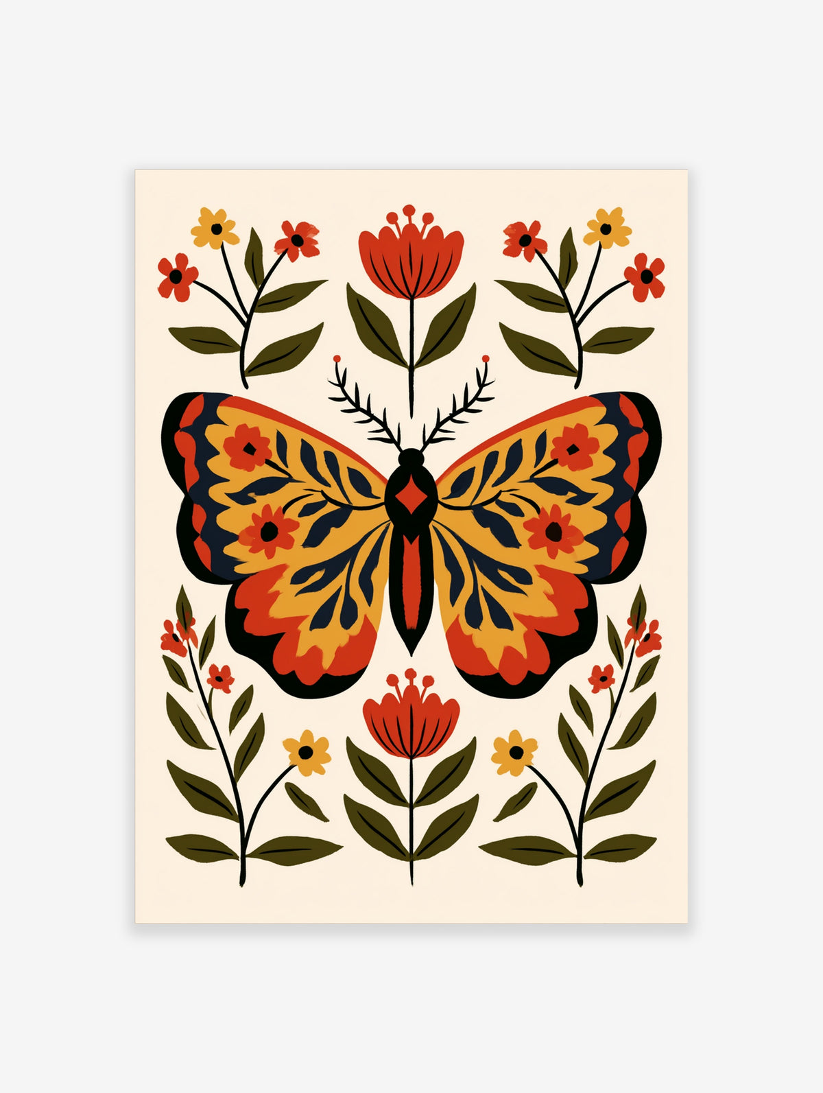 Folk art butterfly poster with red and yellow flowers on a cream background