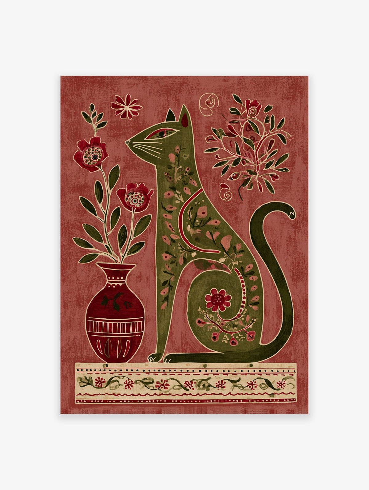 Folk art cat wall art with Indian-inspired floral patterns in green and red against a textured background.
