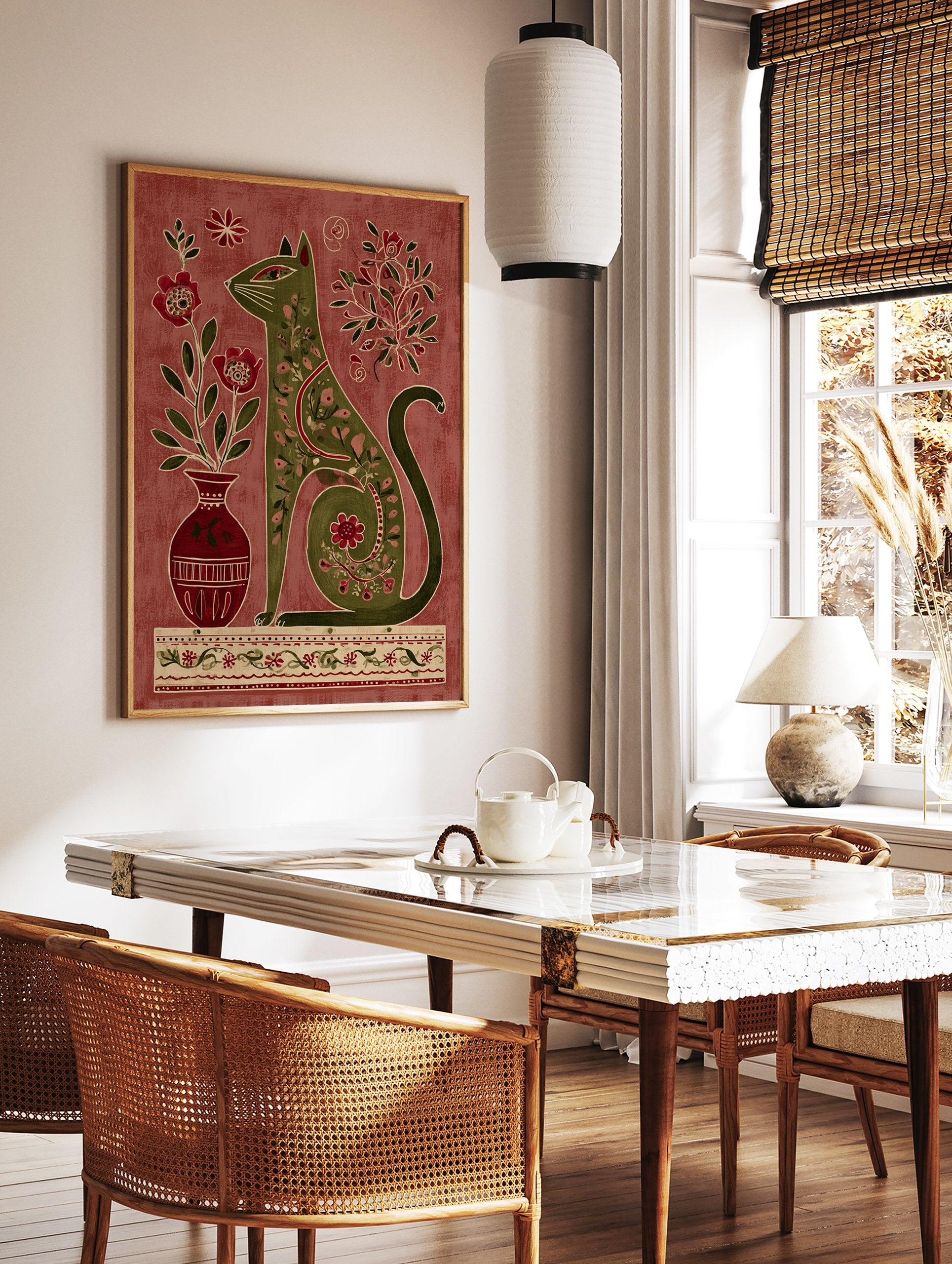 Folk art cat wall art with Indian-inspired floral patterns in green and red against a textured background. - Image 2