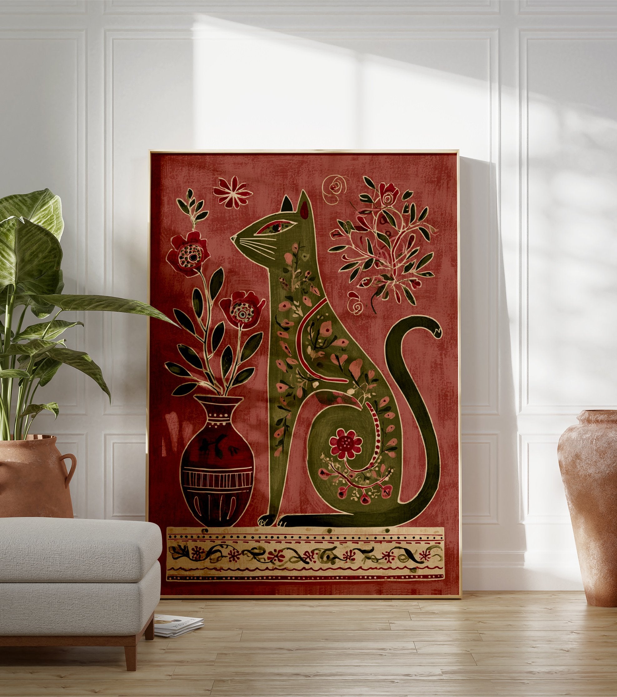 Folk art cat wall art with Indian-inspired floral patterns in green and red against a textured background. - Image 3